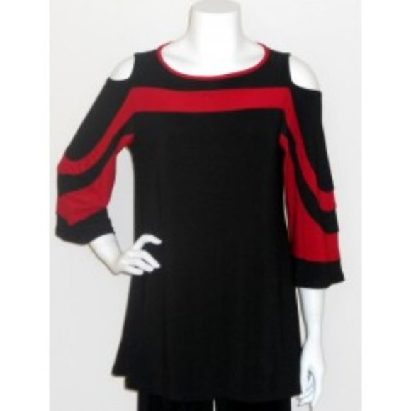 NWT Come and See Black/Red Cold Shoulder Tunic - Picture 1 of 2